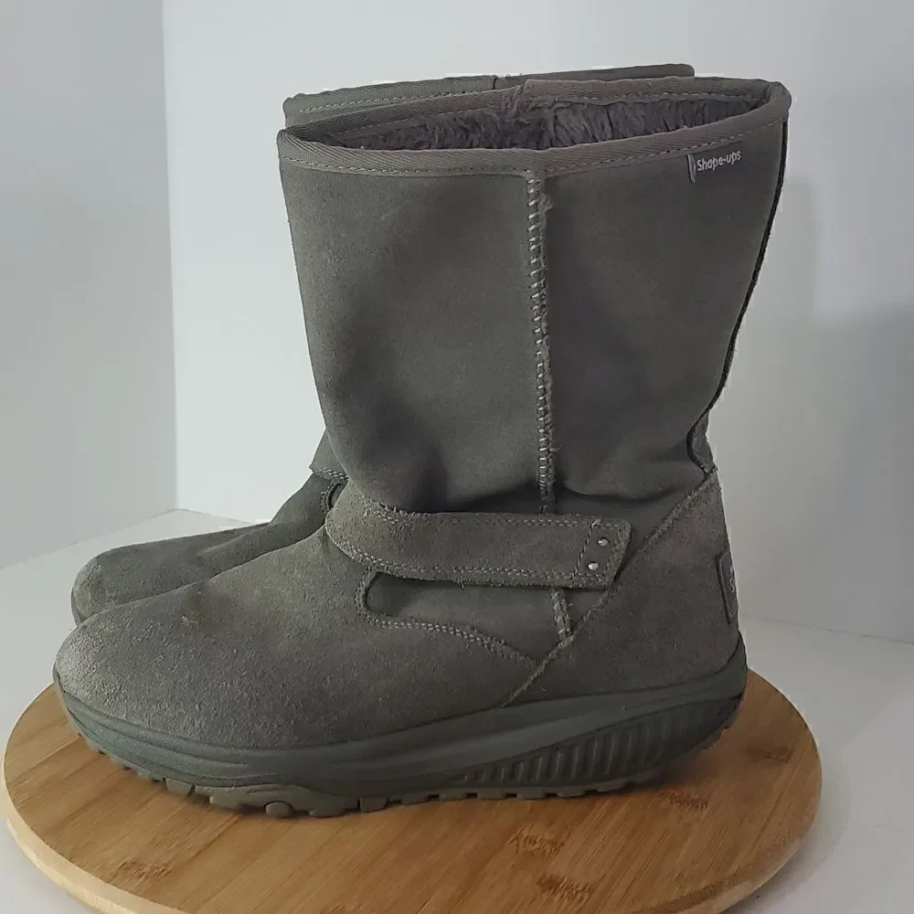 Skechers Women's Shape Ups Gray Leather Suede Bollard Wedge Toning Boots Sz 9
